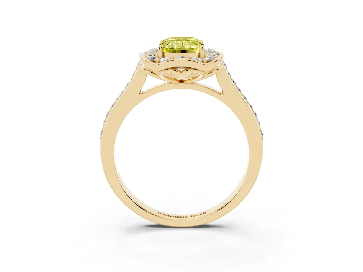 Fancy Yellow Emerald Cut Halo Round Diamond Pave Band with Four-Prong Setting Yellow gold