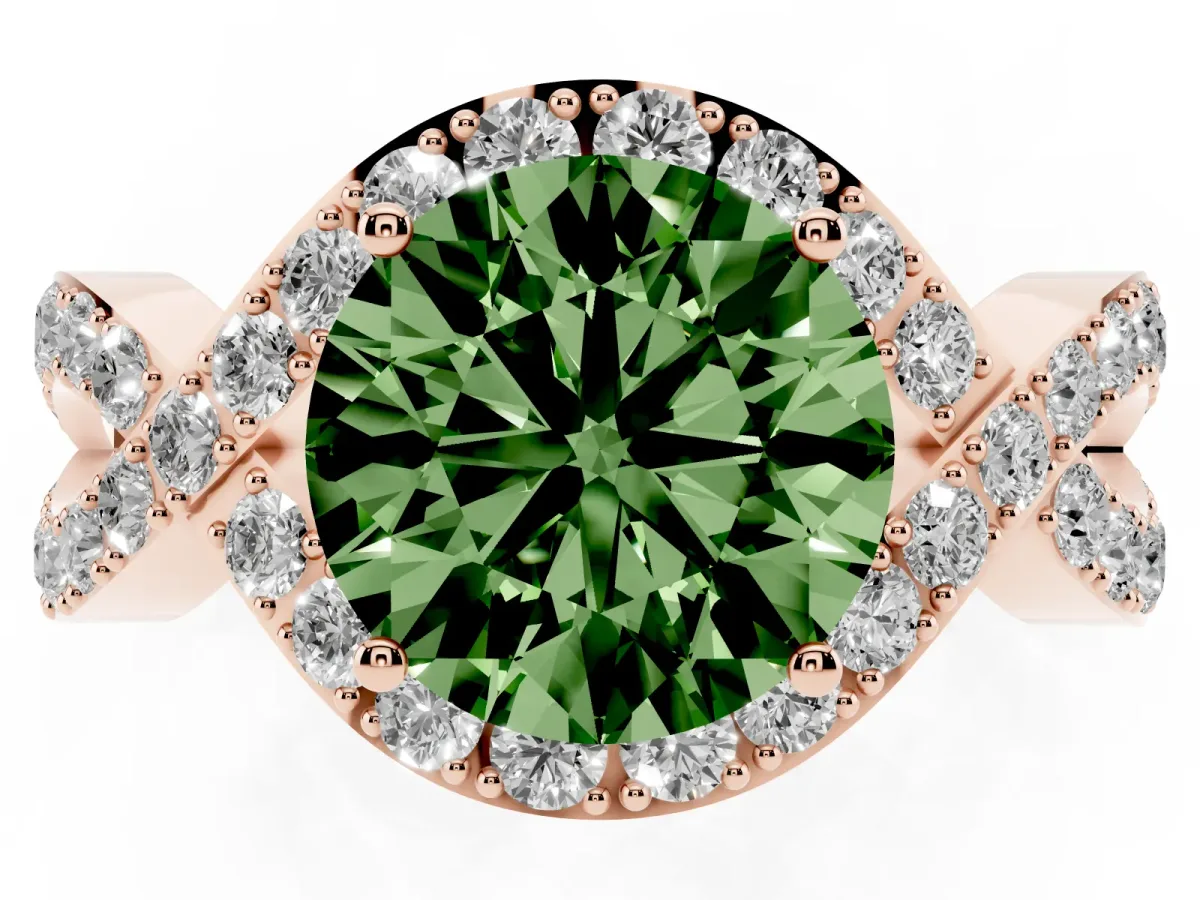 Fancy Green Round Cut Solitaire Twist Band Pavé Diamond Engagement Ring Rose gold