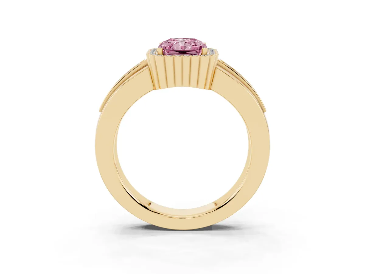 Fancy Pink Radiant Cut Cut Halo Pave Band Four-Prong Ring Yellow gold