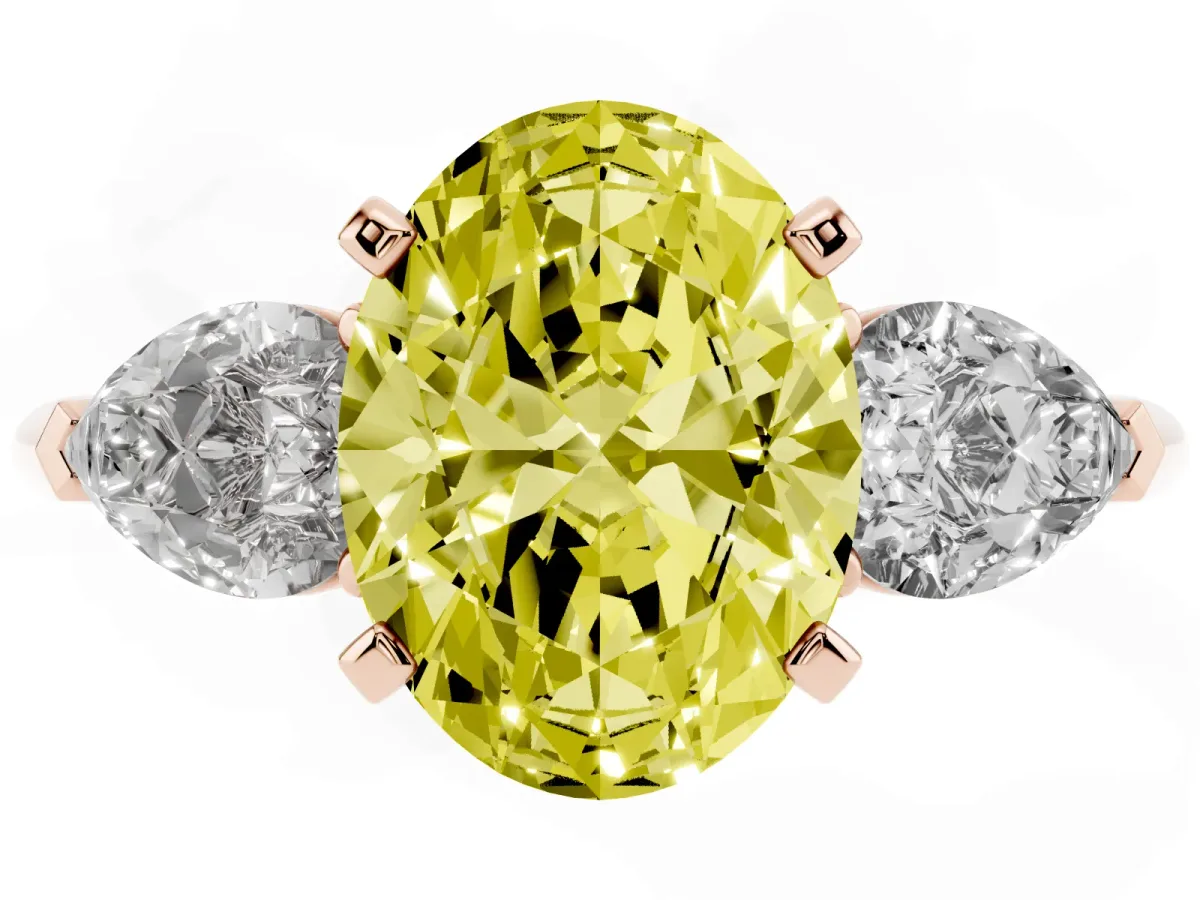 Fancy Yellow Three-Stone Oval Cut Diamond Ring with Pear Side Stones and Four-Prong Setting Rose gold