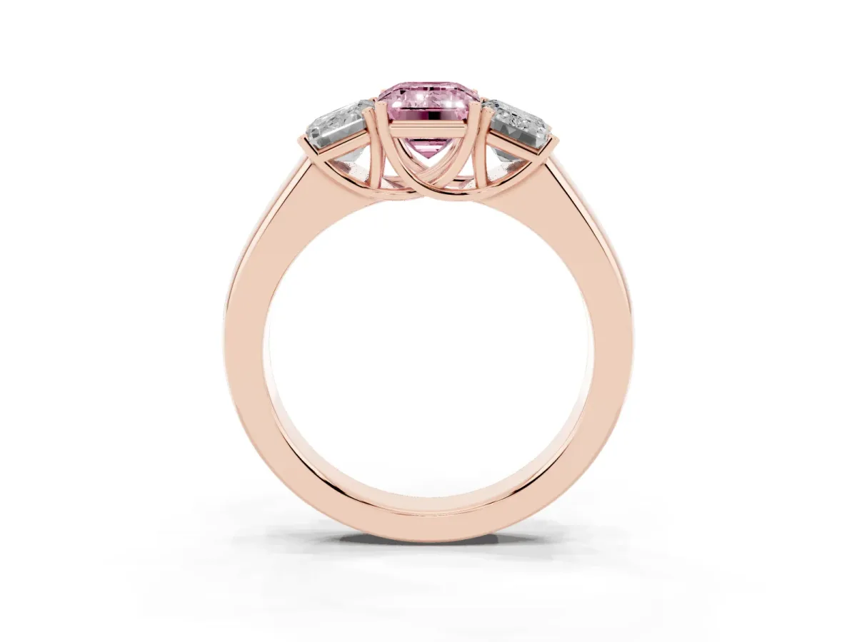 Fancy Pink Three-Stone Emerald Cut Cut Diamond Ring with Prong Setting and Classic Band Rose gold