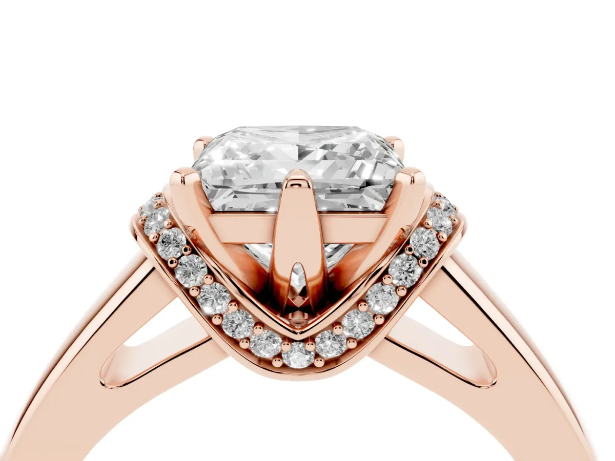 Princess Cut Solitaire Diamond Ring with Pave Band and Six-Prong Setting Rose gold