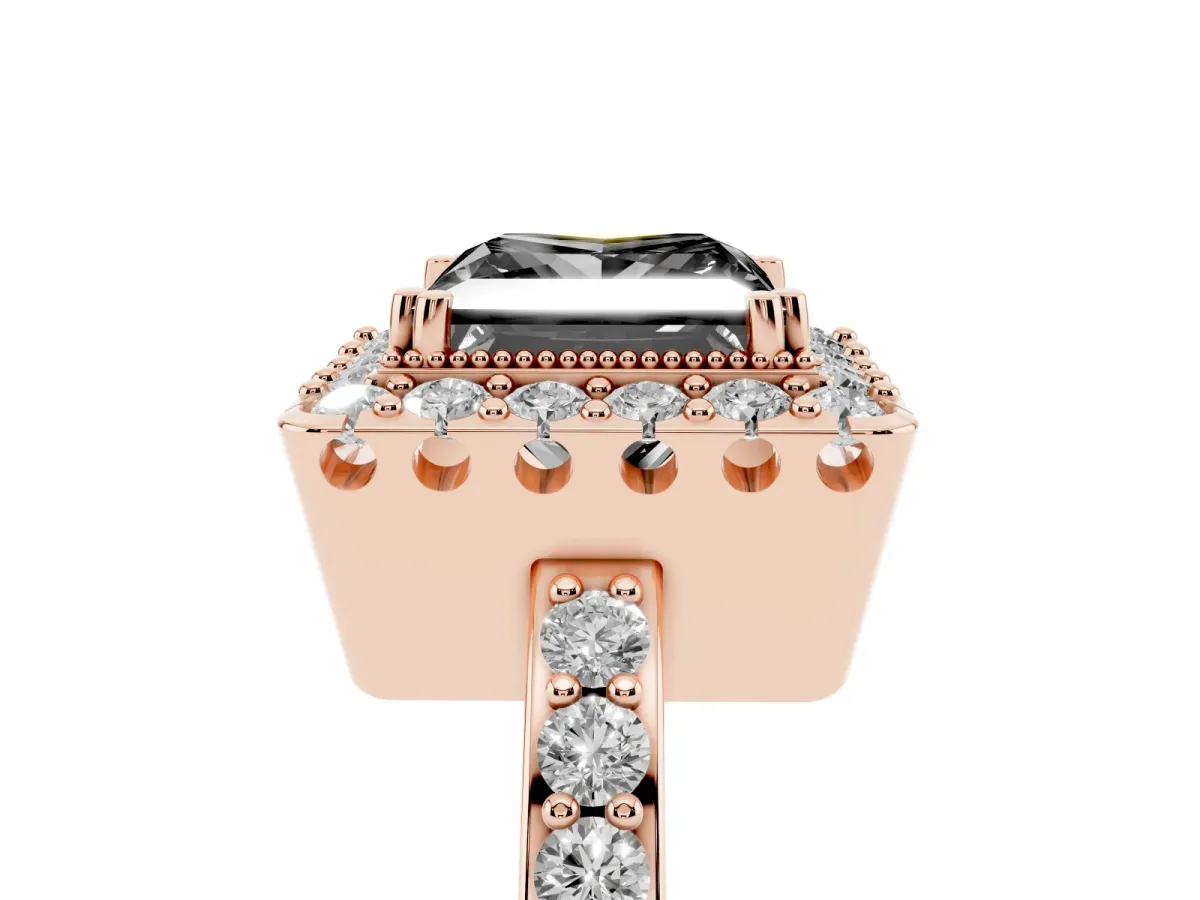 Fancy Black Princess Cut Diamond Halo Ring with Pavé Band and Prong Setting Rose gold