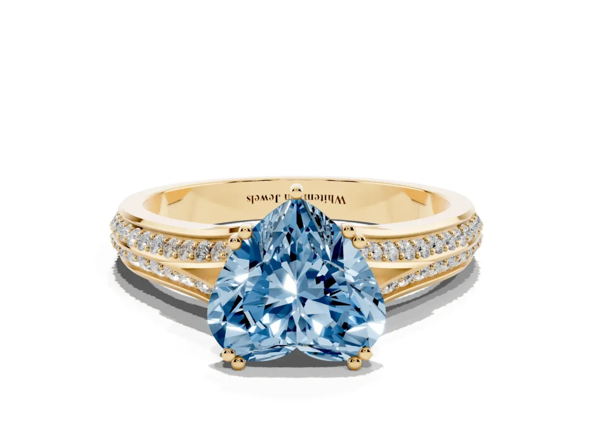 Fancy Blue Heart Cut Diamond Split Shank Engagement Ring with Pavé Band Yellow gold