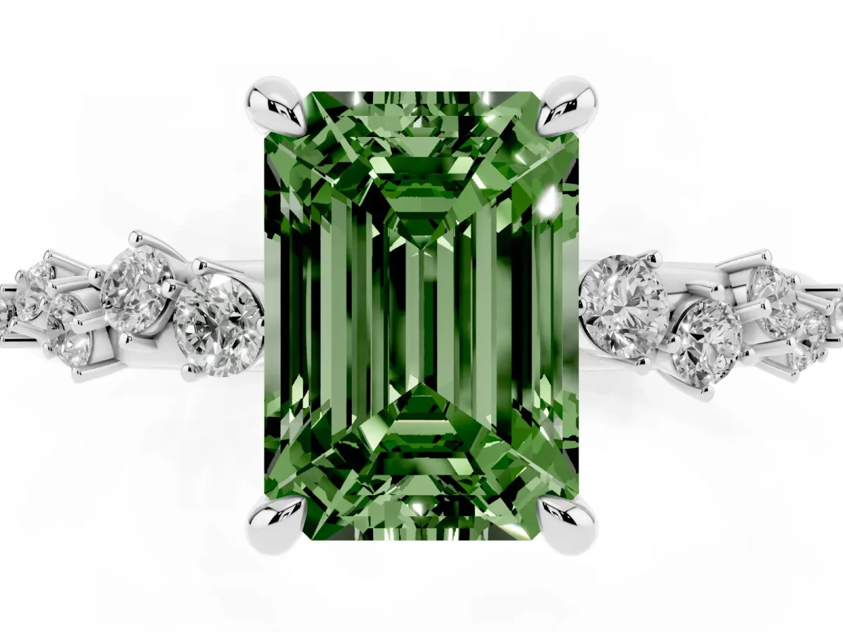 Fancy Green Emerald Cut Cut Diamond Vine Band with Four-Prong Setting Silver