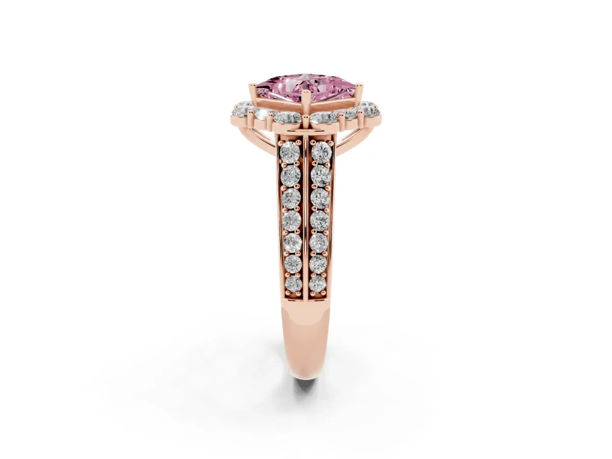 Fancy Pink Princess Cut Halo Diamond Engagement Ring with Split Shank and Prong Setting Rose gold