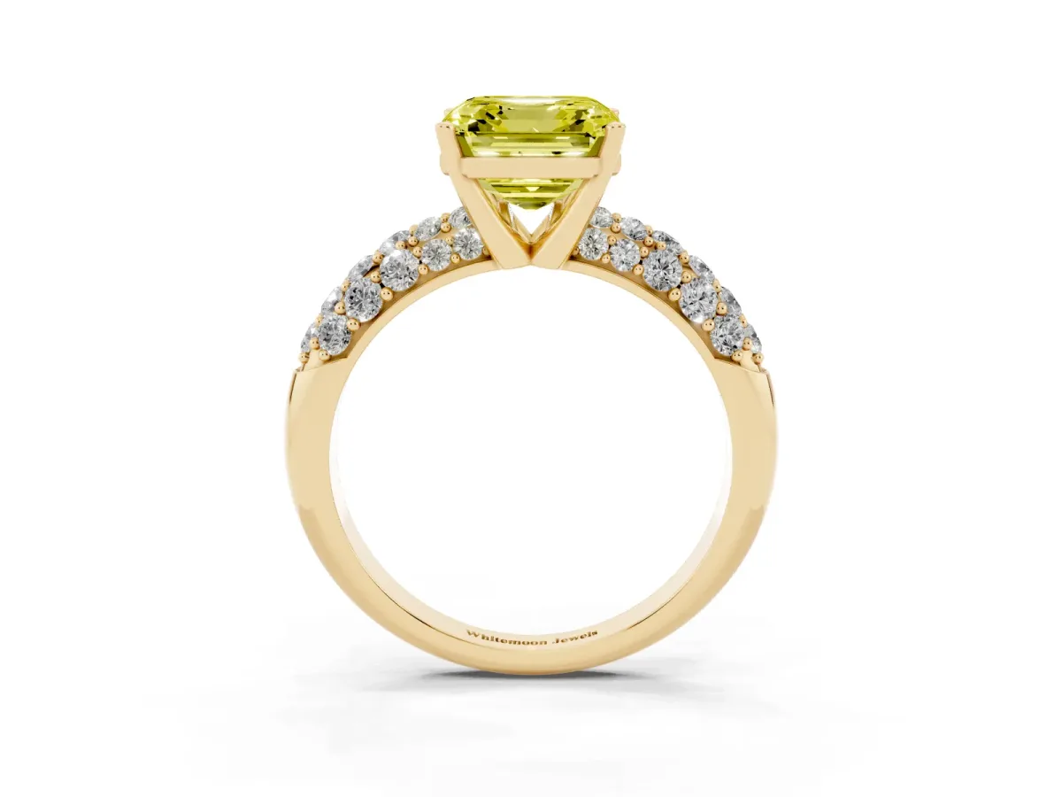 Fancy Yellow Asscher Cut Diamond Pavé Band Solitaire Ring with Four-Prong Setting Yellow gold