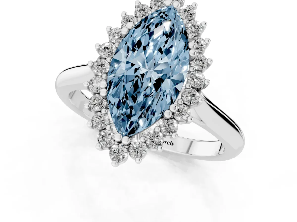 Fancy Blue Marquise Cut Cut Diamond Halo Ring with Solitaire Band and Prong Setting Silver