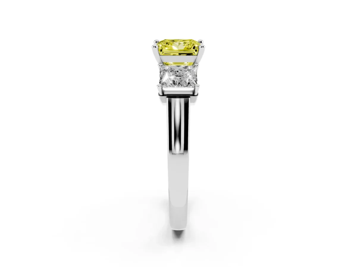 Fancy Yellow Three-Stone Princess Cut Brilliant Diamond Trellis Ring with Comfort Fit Band White gold