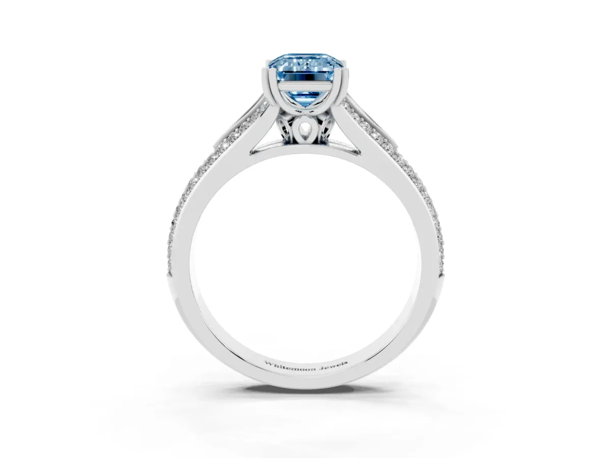 Fancy Blue Emerald Cut Diamond Split Shank Engagement Ring with Pavé Band Silver
