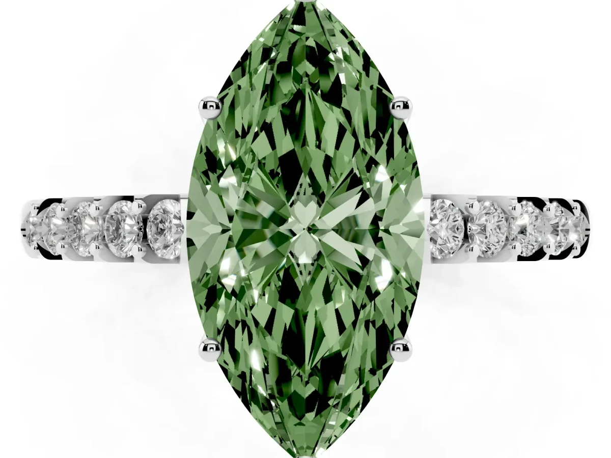 Fancy Green Marquise Cut Solitaire Diamond Engagement Ring with Pavé Band and Six-Prong Setting Silver