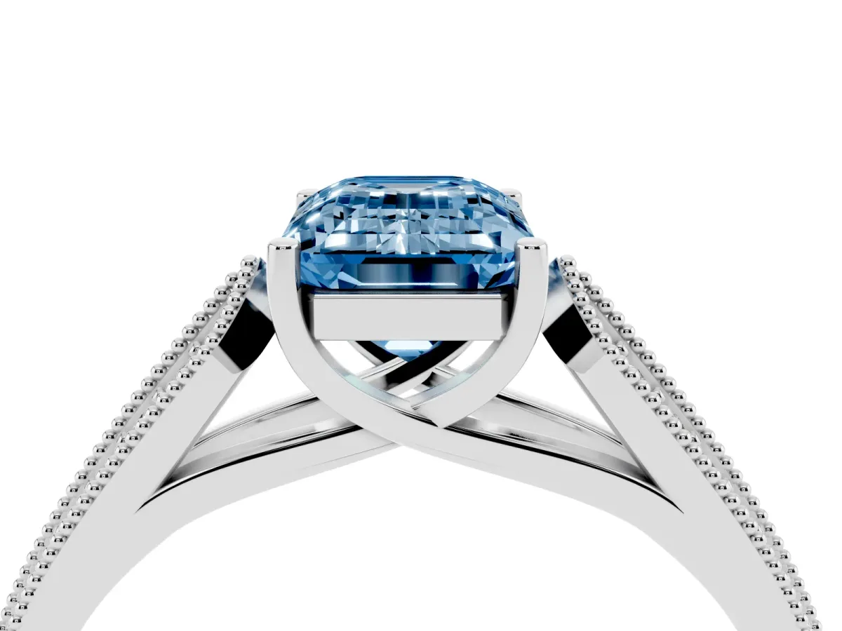 Fancy Blue Emerald Cut Cut Pave Split Shank Engagement Ring with Four-Prong Setting White gold