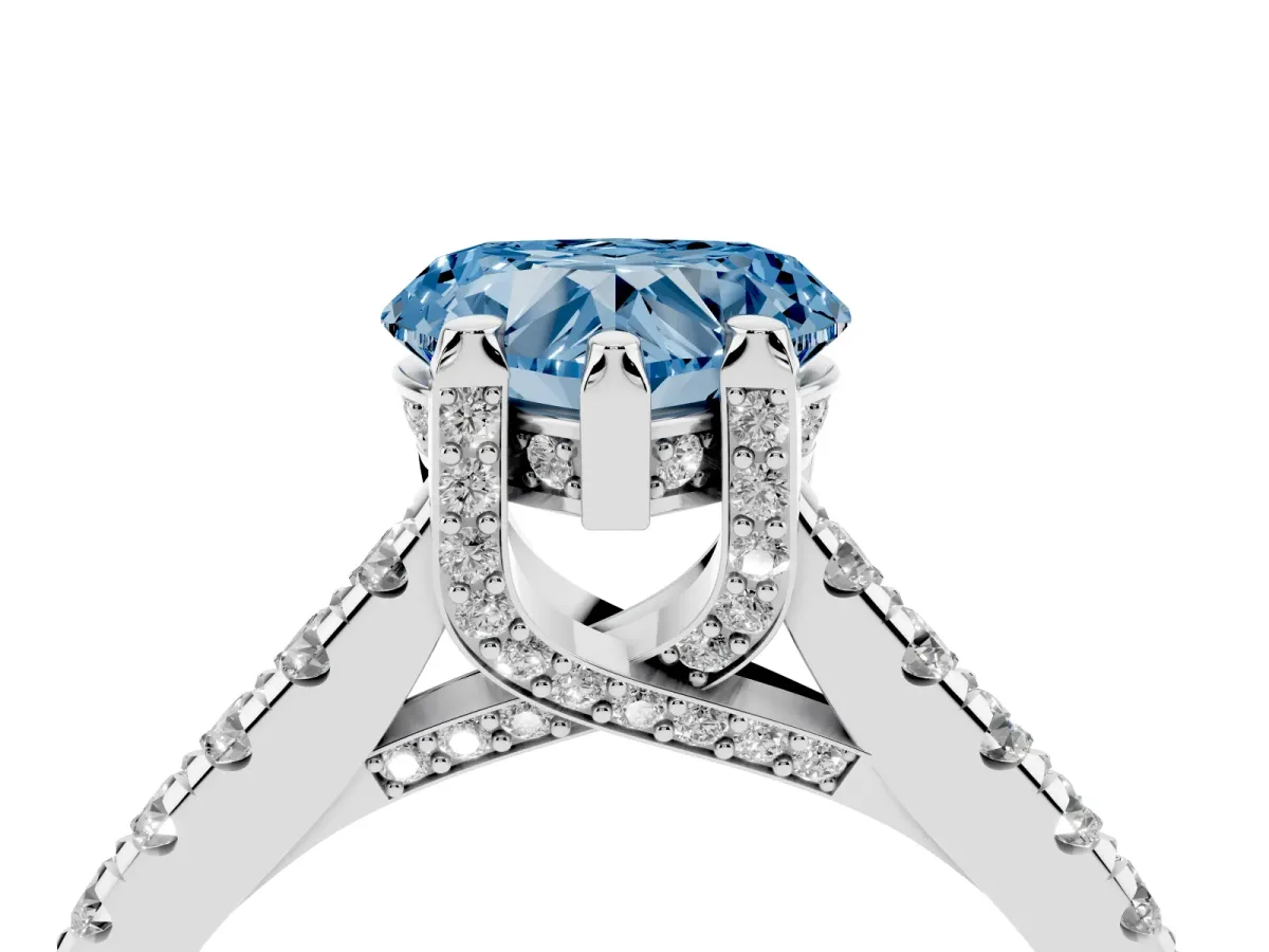 Fancy Blue Heart Cut Brilliant Diamond Solitaire with Pavé Band and Four-Prong Setting Silver
