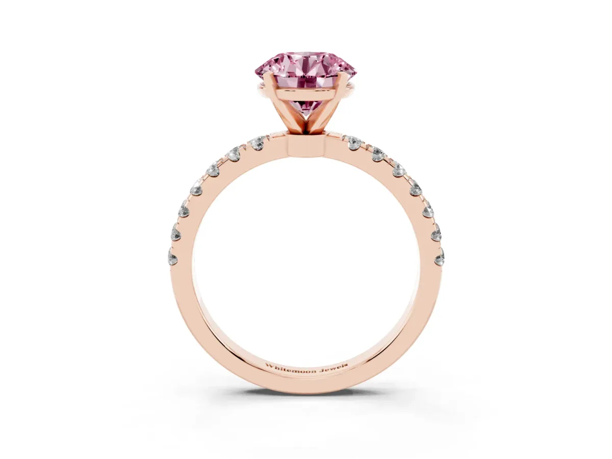 Fancy Pink Round Cut Diamond Solitaire Ring with Pavé Accents and Four-Prong Setting Rose gold