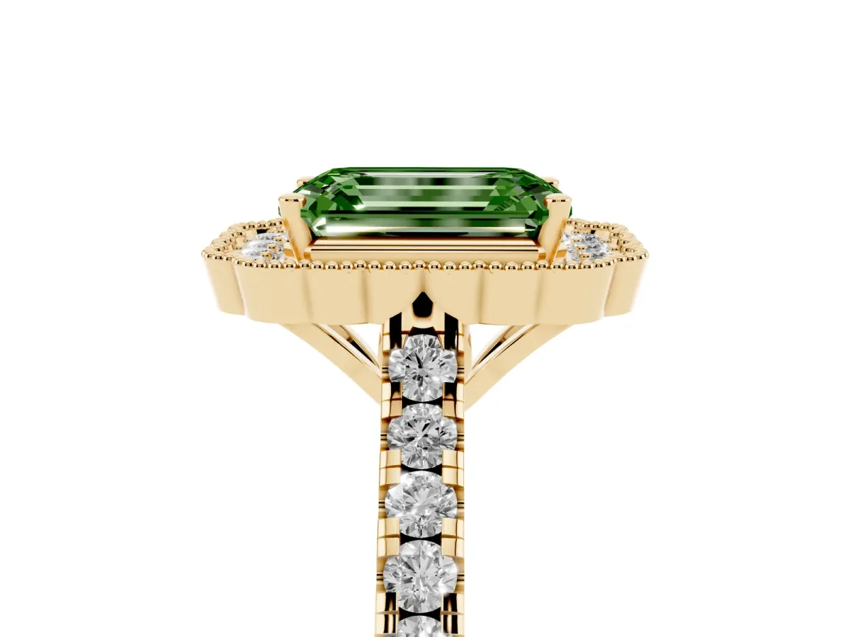 Fancy Green Emerald Cut Cut Diamond Milgrain Floral Halo Engagement Ring with Pavé Band Yellow gold