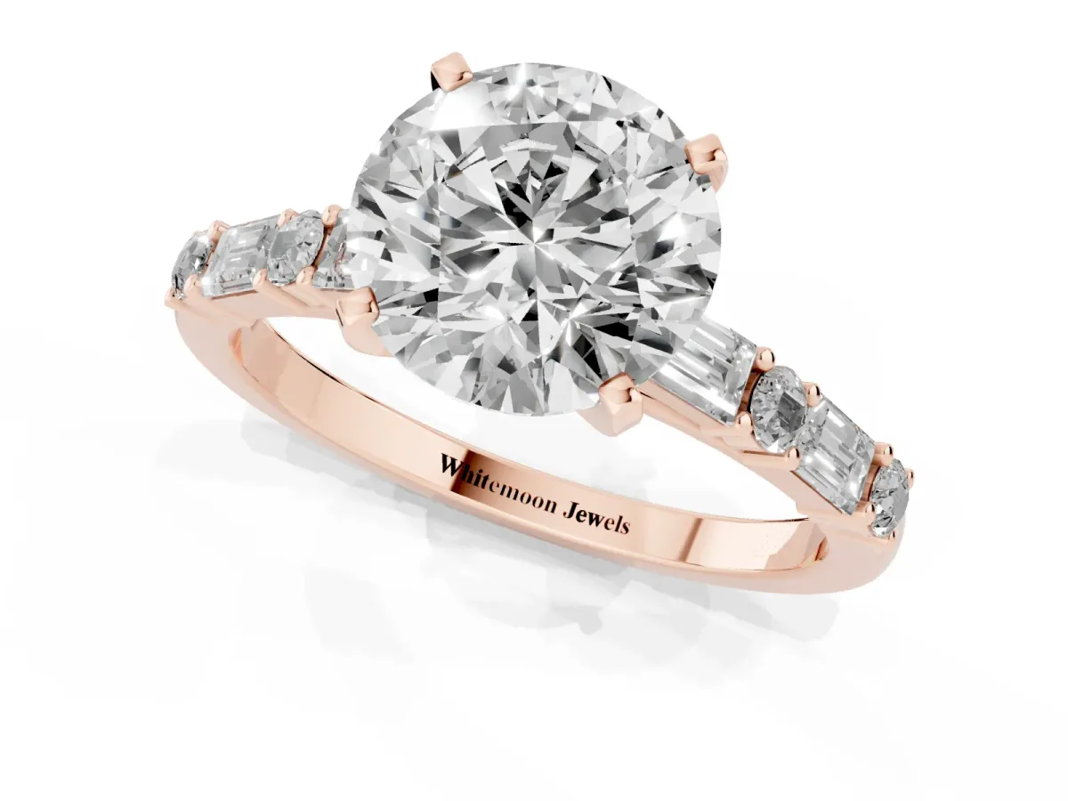Round Cut Diamond Solitaire with Side Baguettes and Channel Set Band Rose gold
