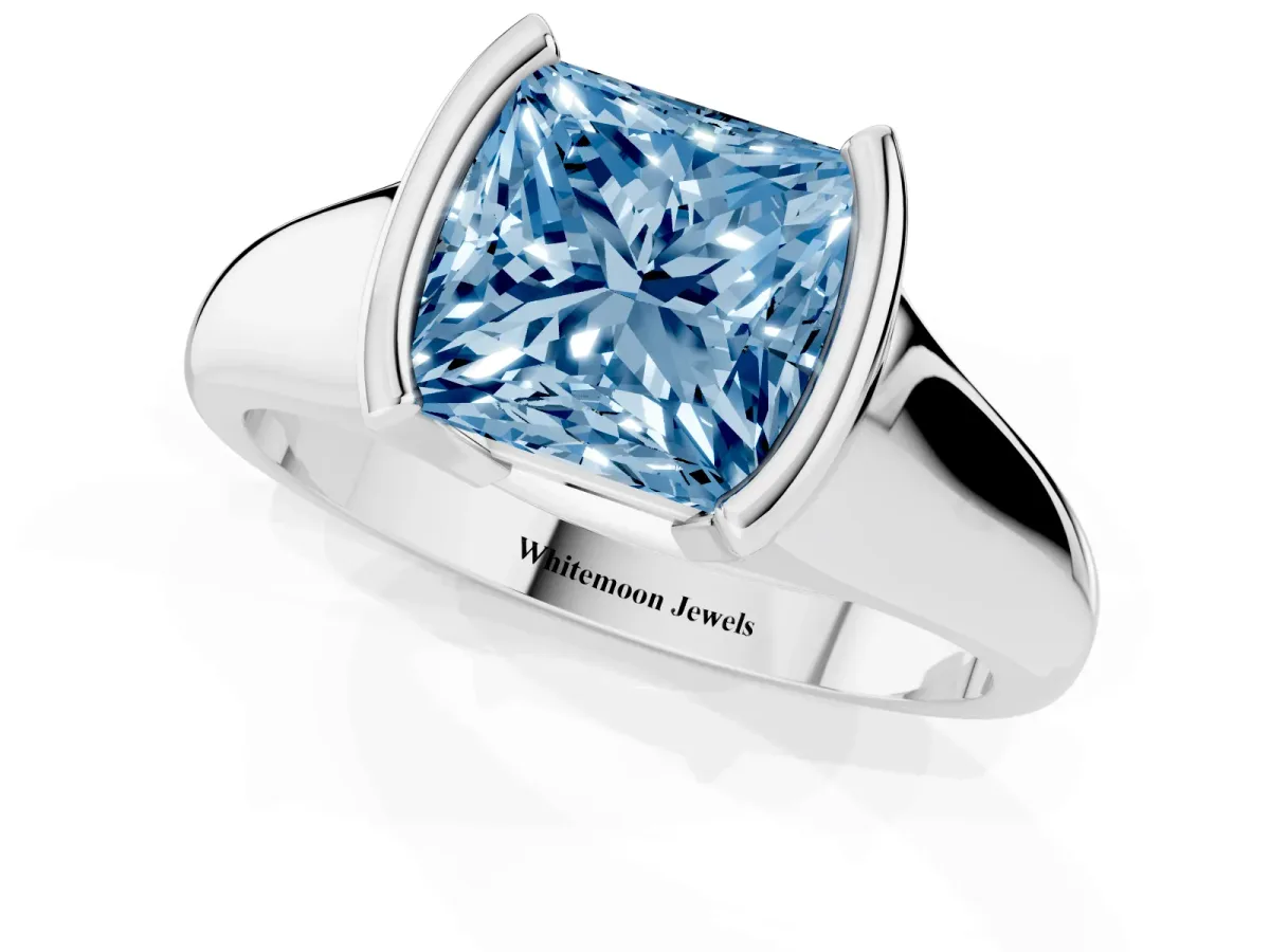 Fancy Blue Princess Cut Solitaire Tension Set Diamond Ring with Split Shank Band Platinum
