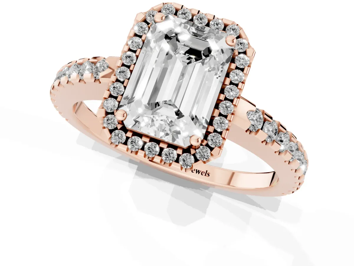 Emerald Cut Diamond Halo Engagement Ring with Pavé Band and Prong Setting Rose gold