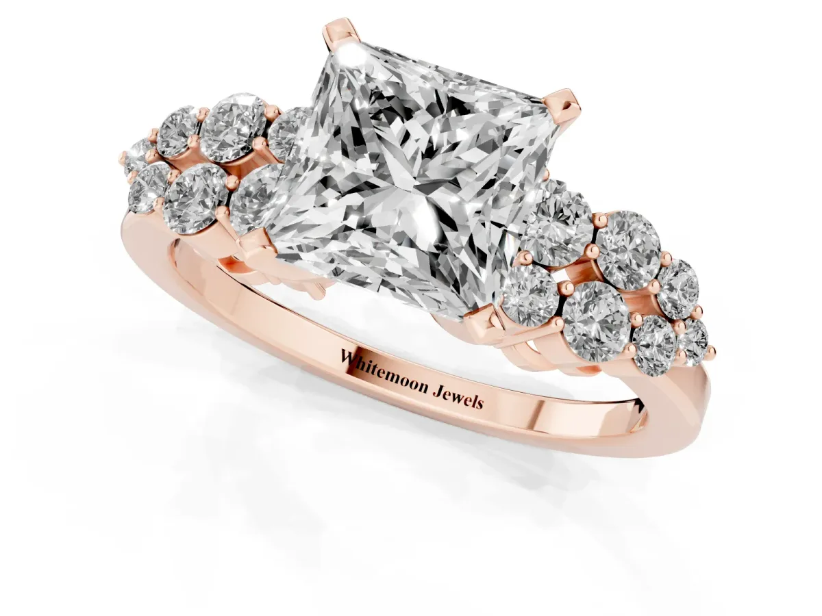 Princess Cut Cluster Diamond Engagement Ring with Pavé Band and Four-Prong Setting Rose gold
