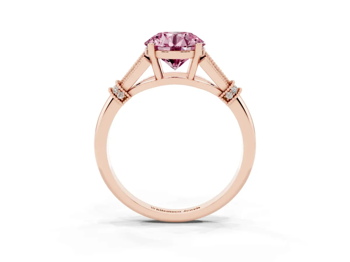 Fancy Pink Round Cut Diamond Solitaire Ring with Floral Filigree and Pave Accents Rose gold