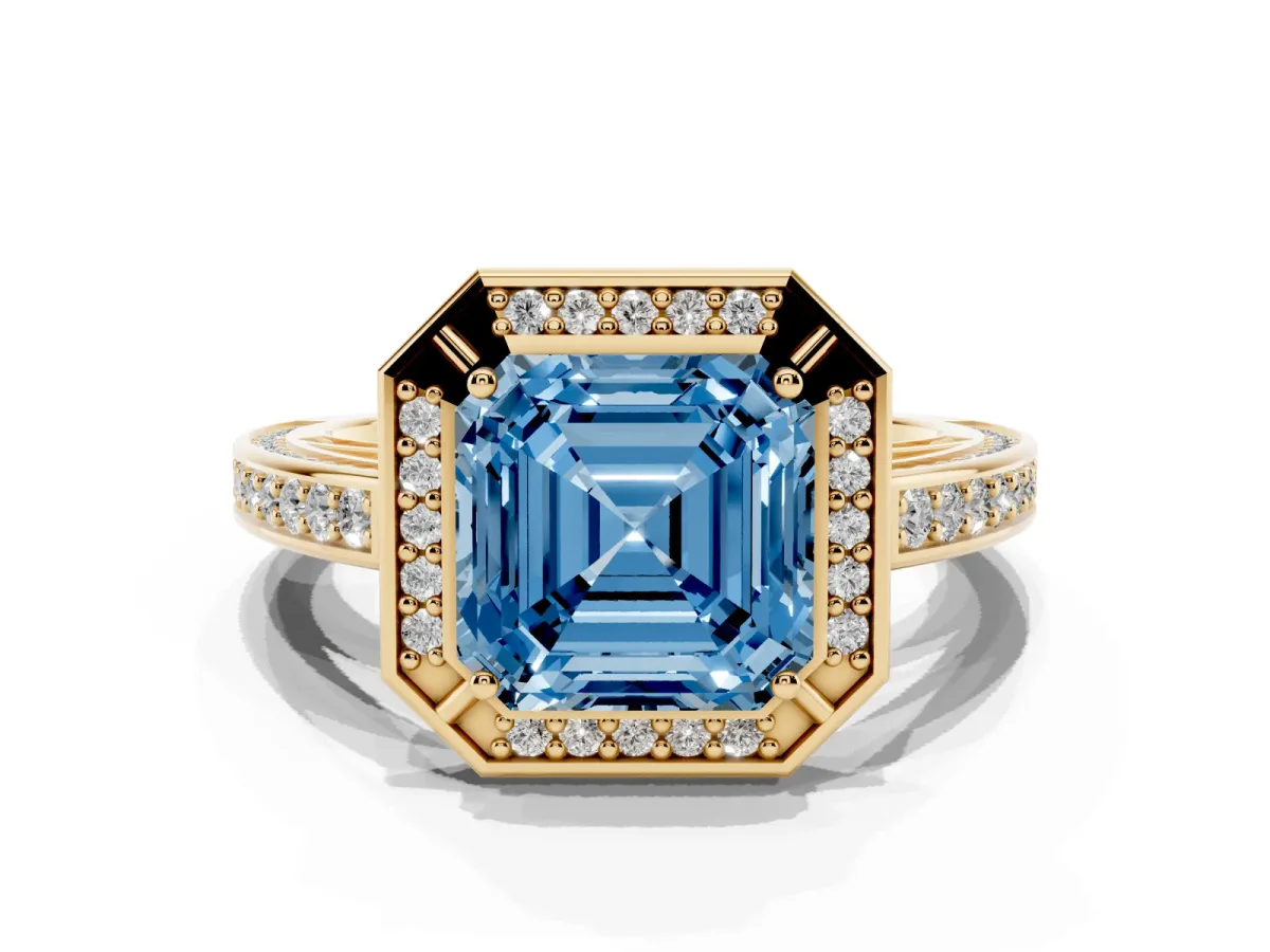Fancy Blue Asscher Cut Cut Halo Pave Split Shank Prong Setting Ring Yellow gold