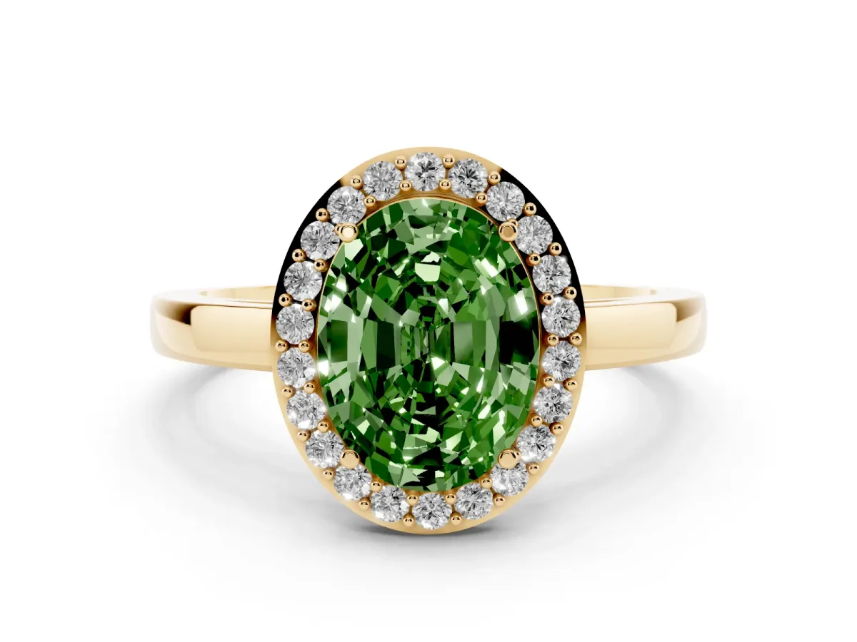 Fancy Green Oval Cut Halo Diamond Ring with Solitaire Band and Prong Setting Yellow gold