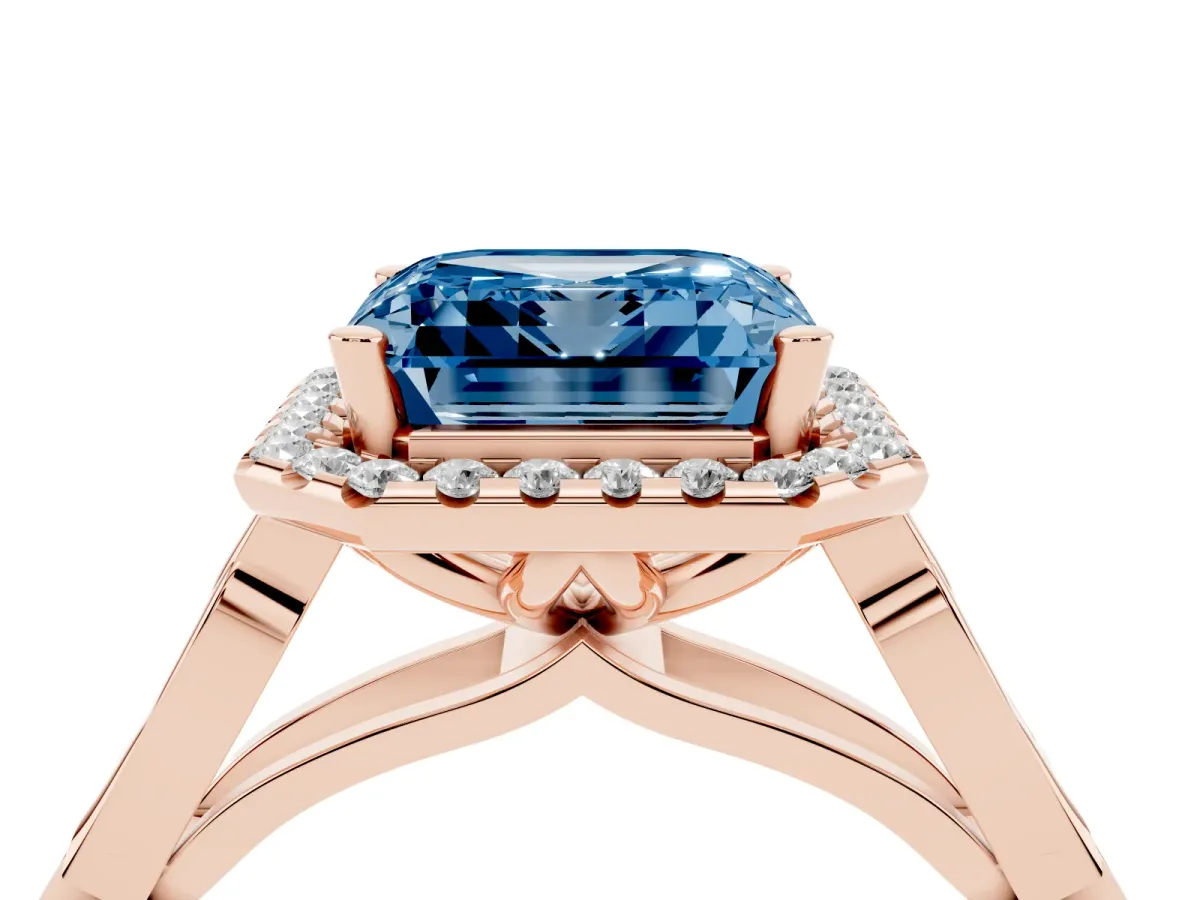 Fancy Blue Asscher Cut Halo Diamond Engagement Ring with Filigree Band and Four-Prong Setting Rose gold