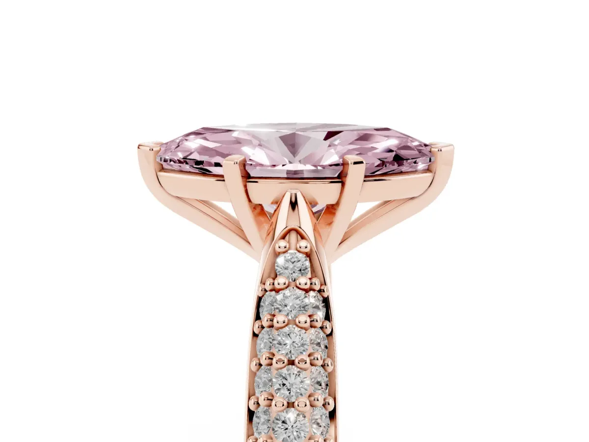 Fancy Pink Marquise Cut Diamond Solitaire Engagement Ring with Multi-Row Round Pavé Band and Prong Setting Rose gold