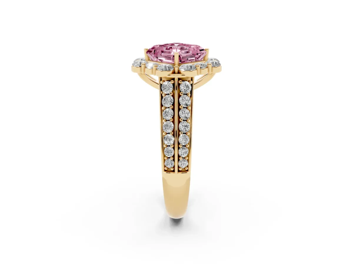 Fancy Pink Asscher Cut Halo Diamond Engagement Ring with Split Shank and Prong Setting Yellow gold