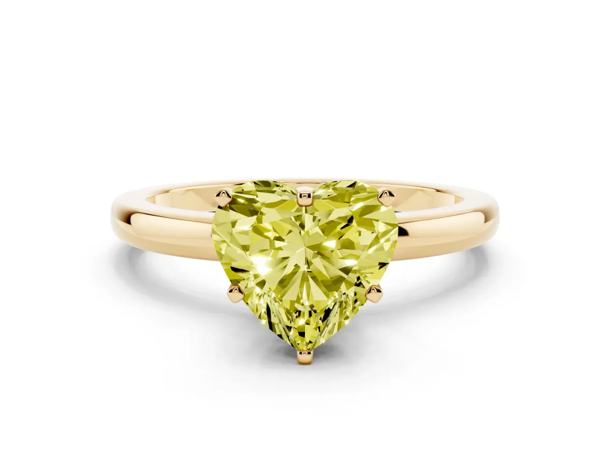 Fancy Yellow Heart Cut Solitaire Diamond Ring with Six-Prong Setting on a Classic Band Yellow gold