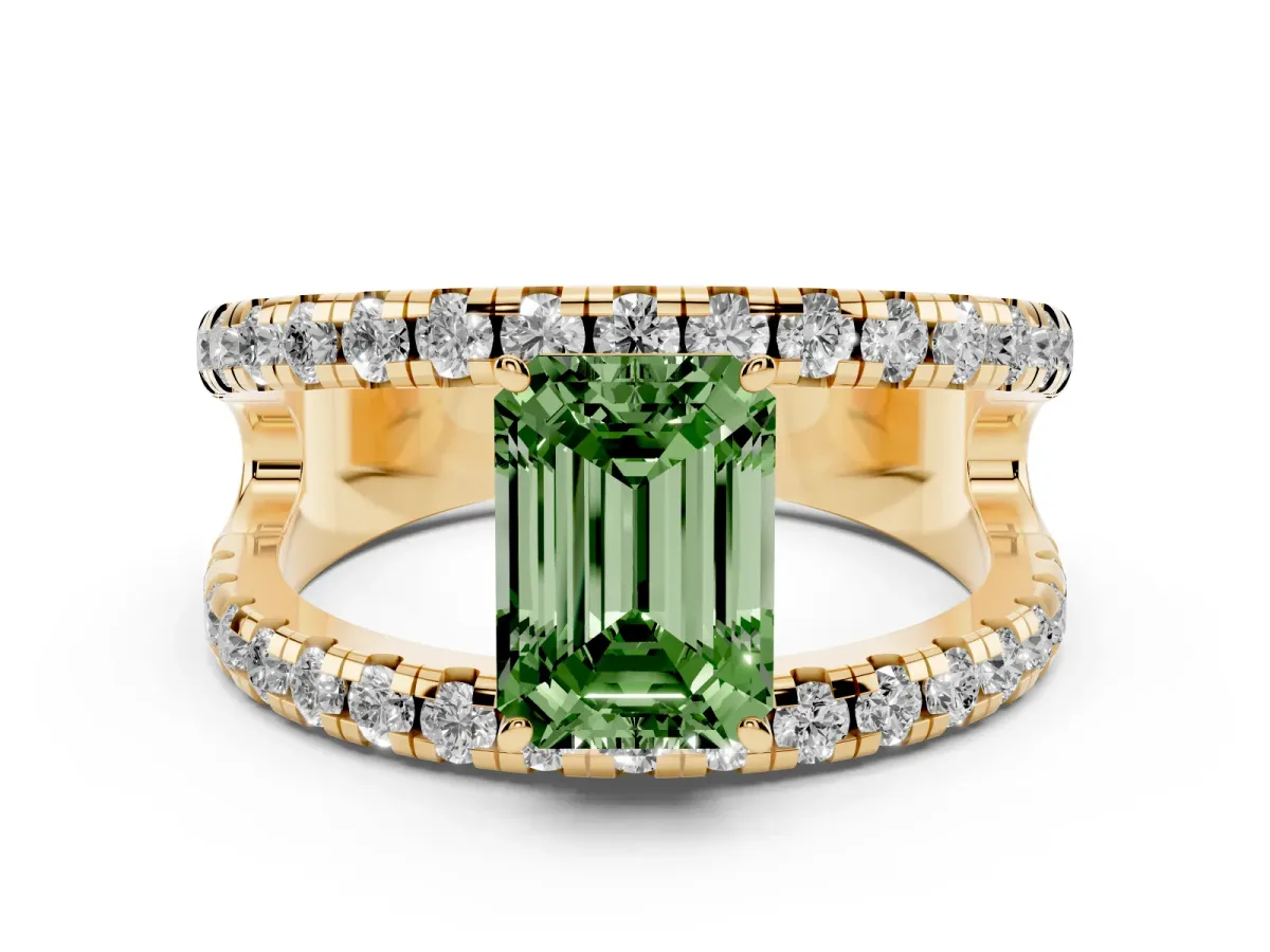 Fancy Green Emerald Cut Solitaire Split Shank Pave Diamond Ring Yellow gold