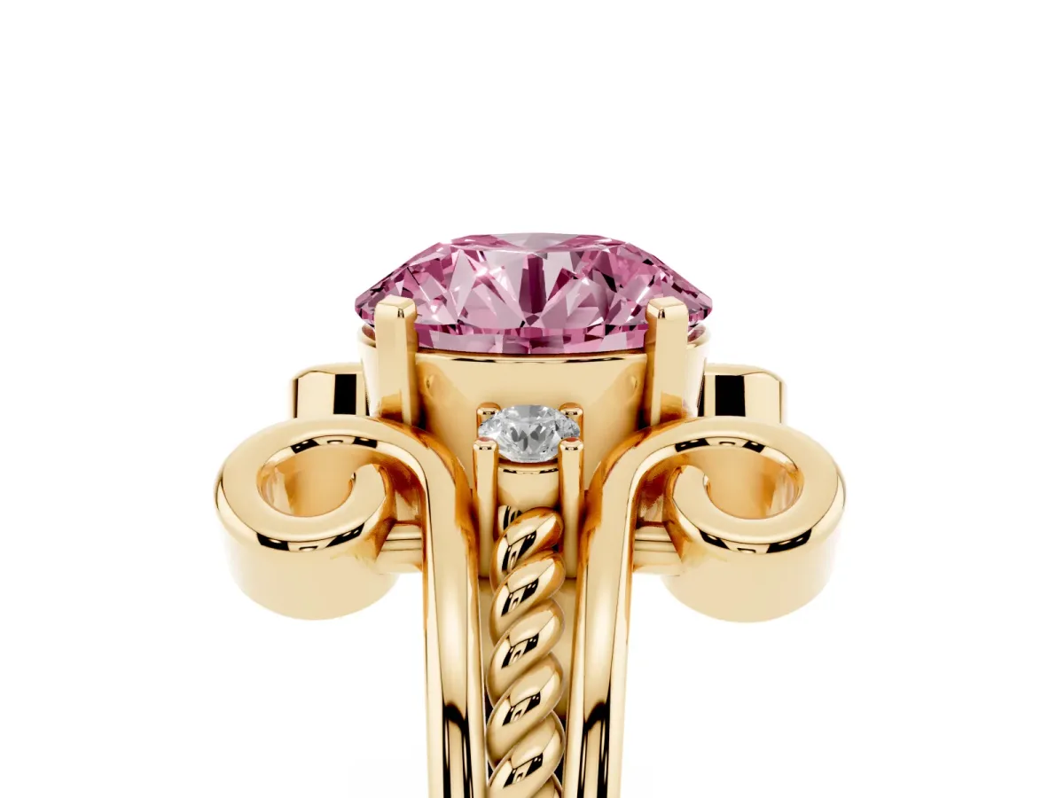 Fancy Pink Round Cut Solitaire Twisted Band Scroll Prong Ring Yellow gold