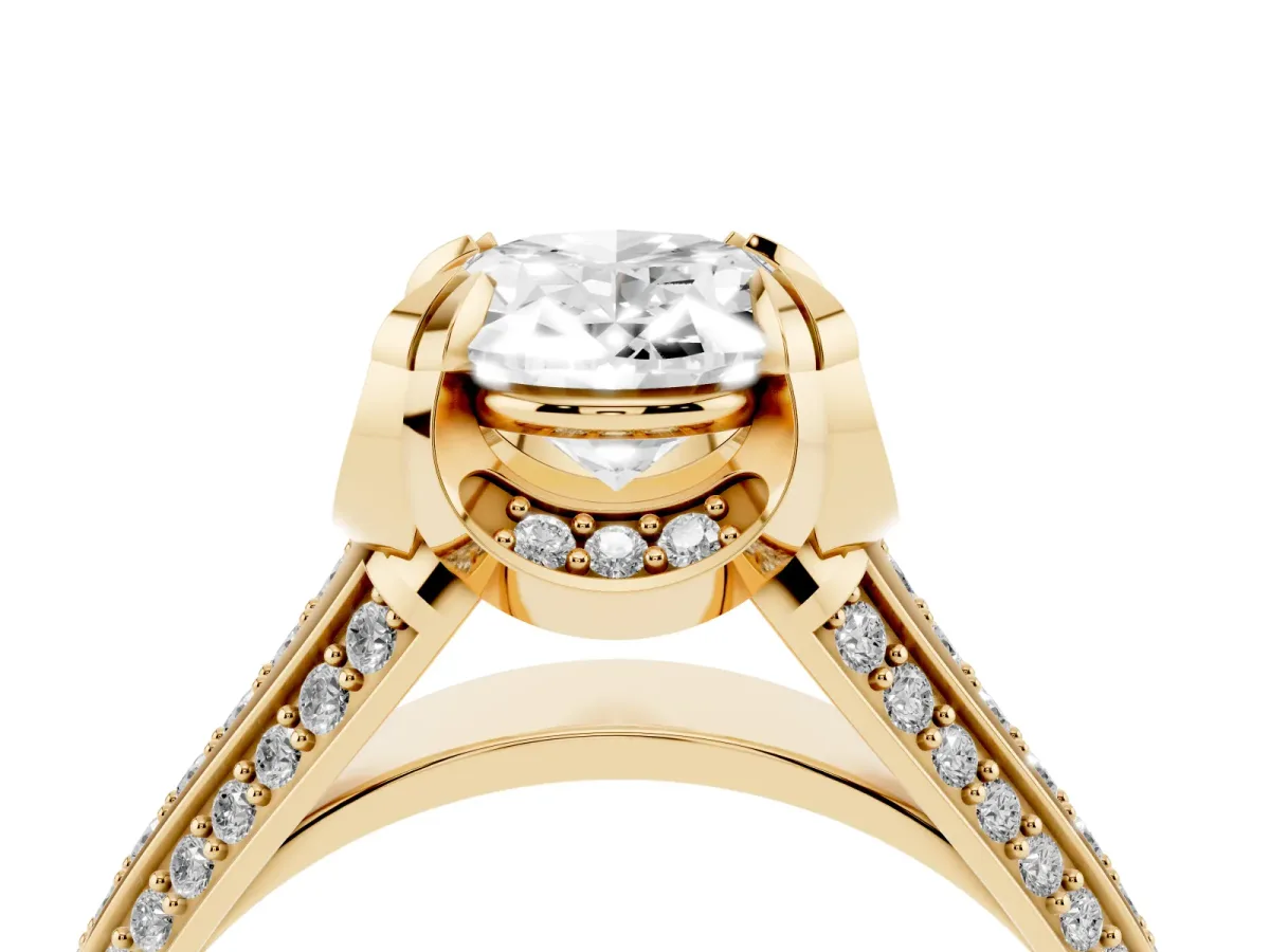 Oval Cut Solitaire Pave Split Shank Ring with Four-Prong Setting Yellow gold