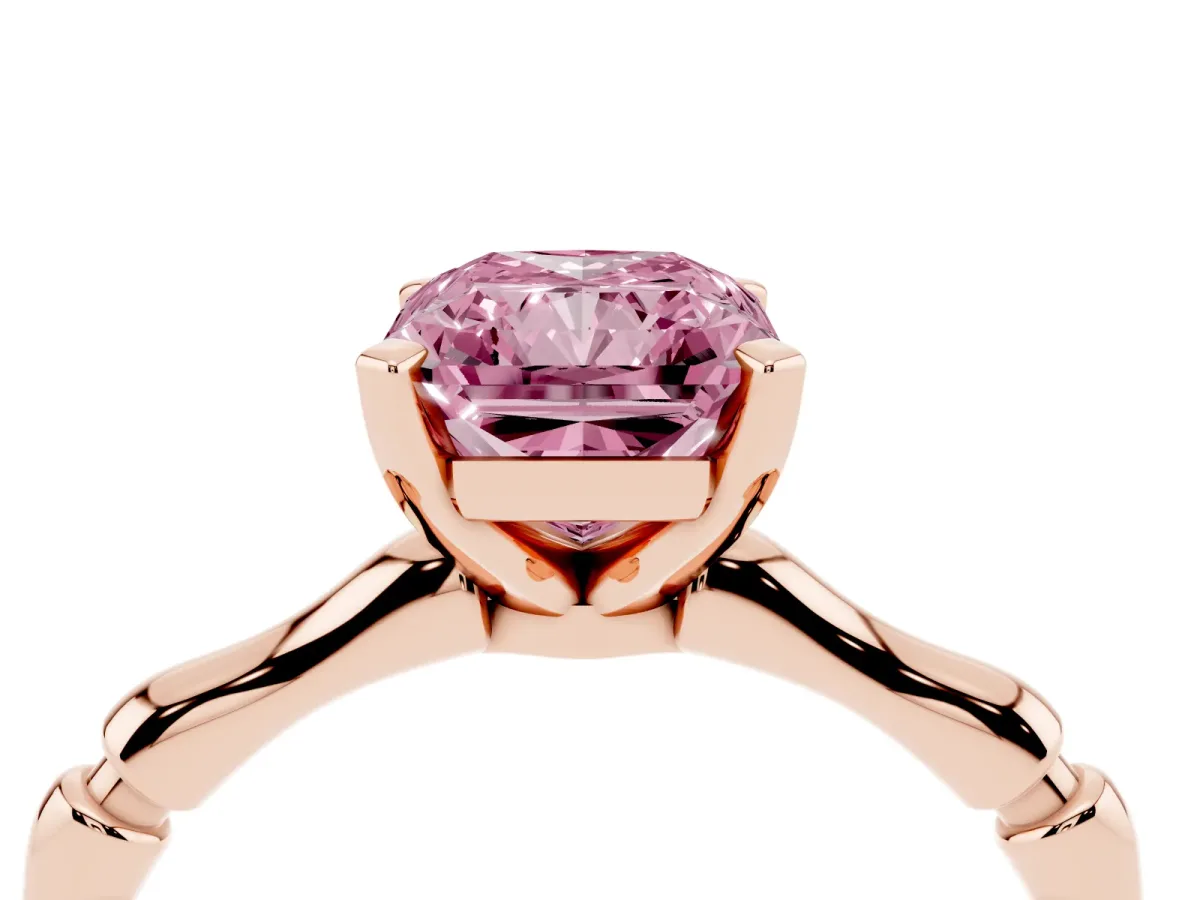 Fancy Pink Radiant Cut Solitaire Diamond Ring with Bamboo Band and Four-Prong Setting Rose gold