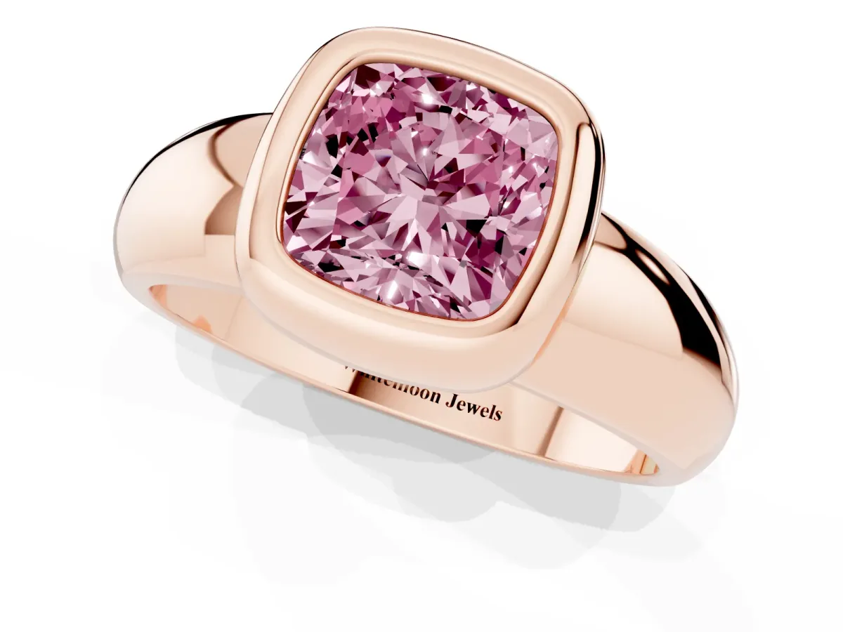 Fancy Pink Bezel Set Cushion Cut Solitaire Ring with Wide Band Rose gold