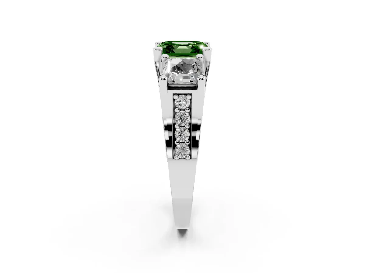 Fancy Green Asscher Cut Diamond Three-Stone Ring with Channel Set Band and Four-Prong Setting Silver