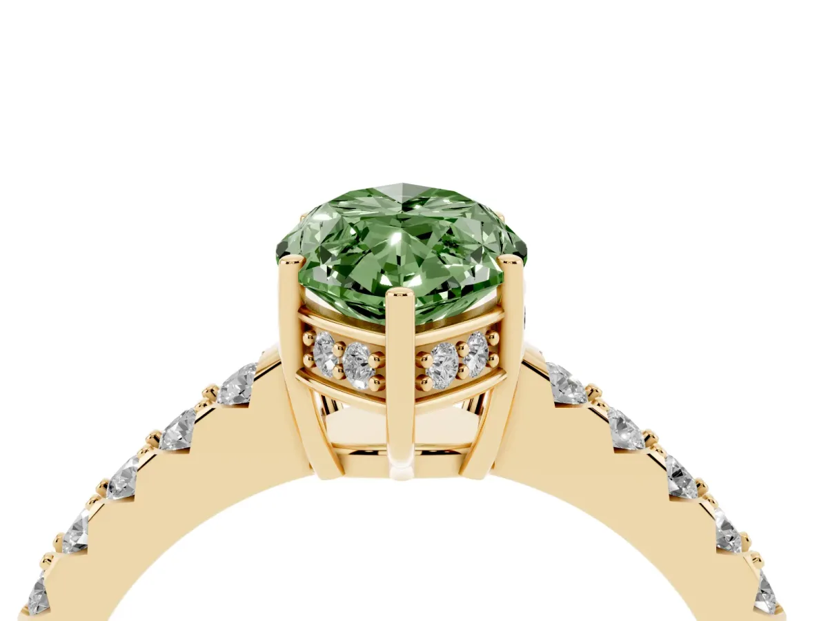 Fancy Green Marquise Cut Solitaire Diamond Engagement Ring with Pavé Band and Six-Prong Setting Yellow gold