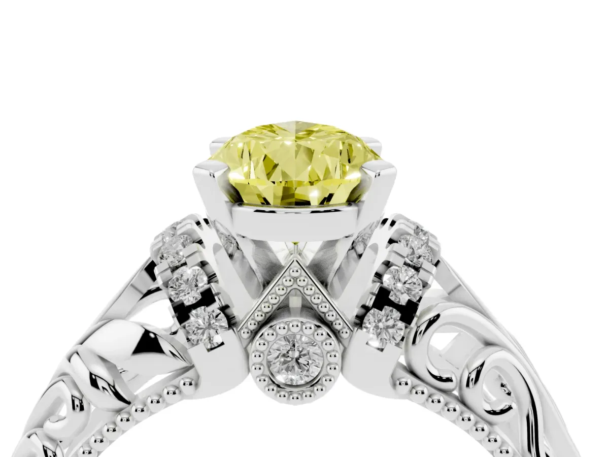 Fancy Yellow Pear Cut Solitaire Filigree Engagement Ring with Halo and Prong Setting Silver