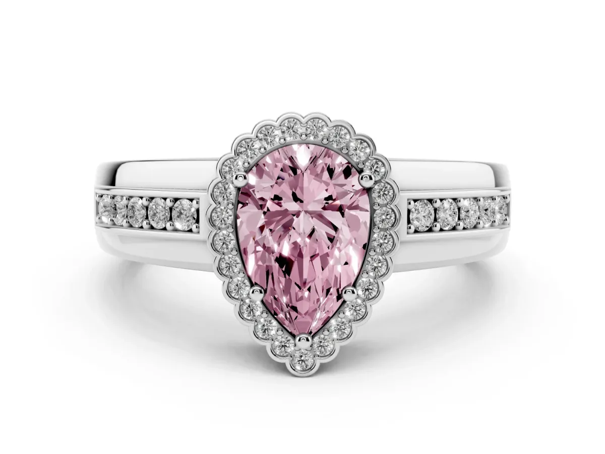 Fancy Pink Pear Cut Cut Halo Pave Band Four-Prong Ring Silver