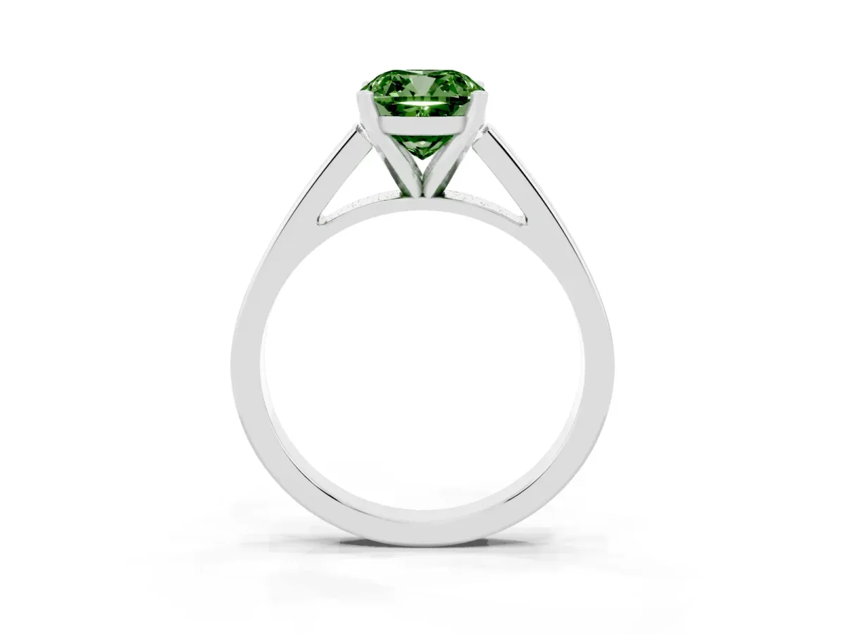 Fancy Green Cushion Cut Solitaire Engagement Ring with Four-Prong Setting and Tapered Band Silver