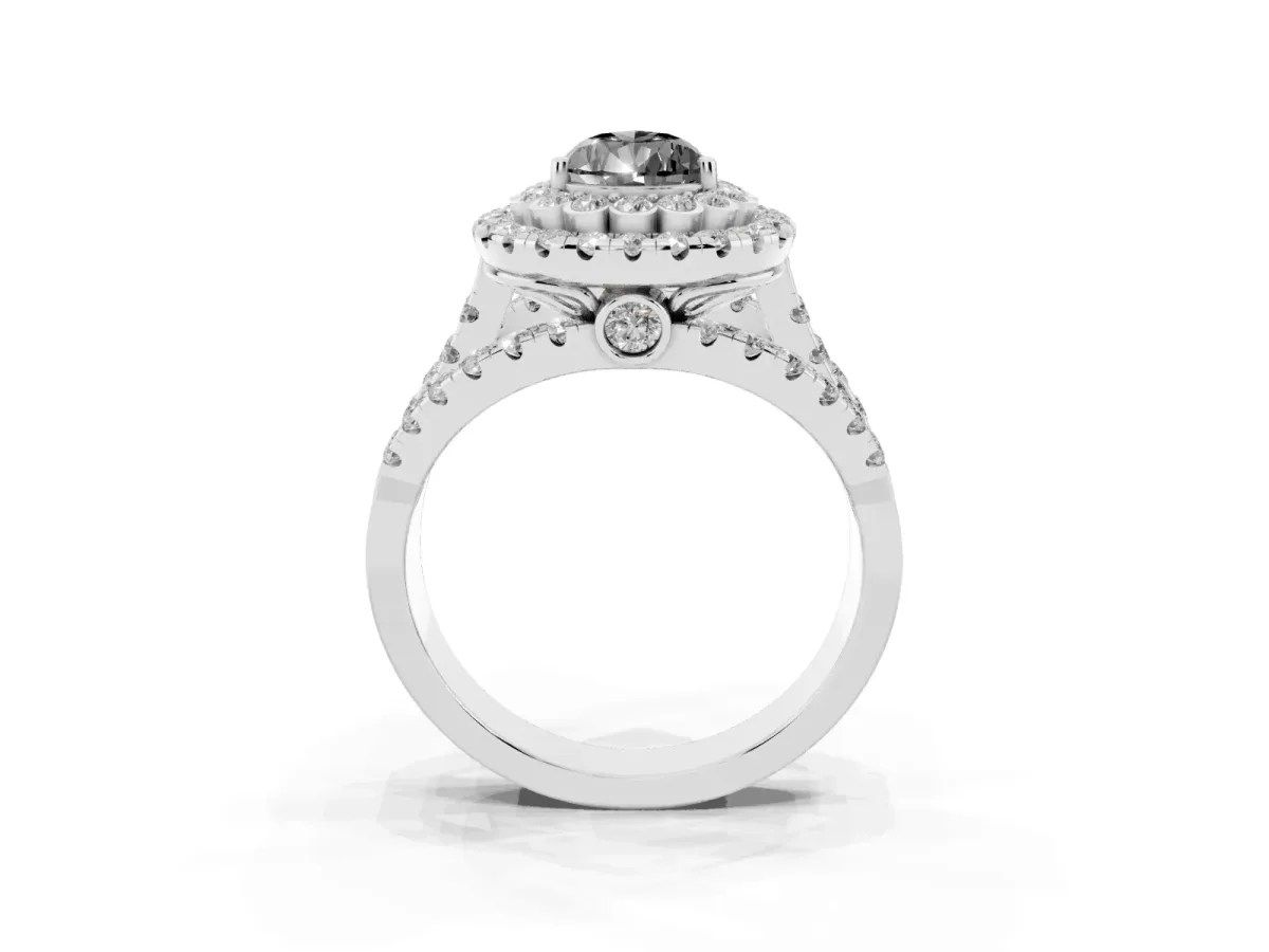 Fancy Black Pear Cut Diamond Double Halo Ring with Round Pavé Split Shank and Prong Setting Silver