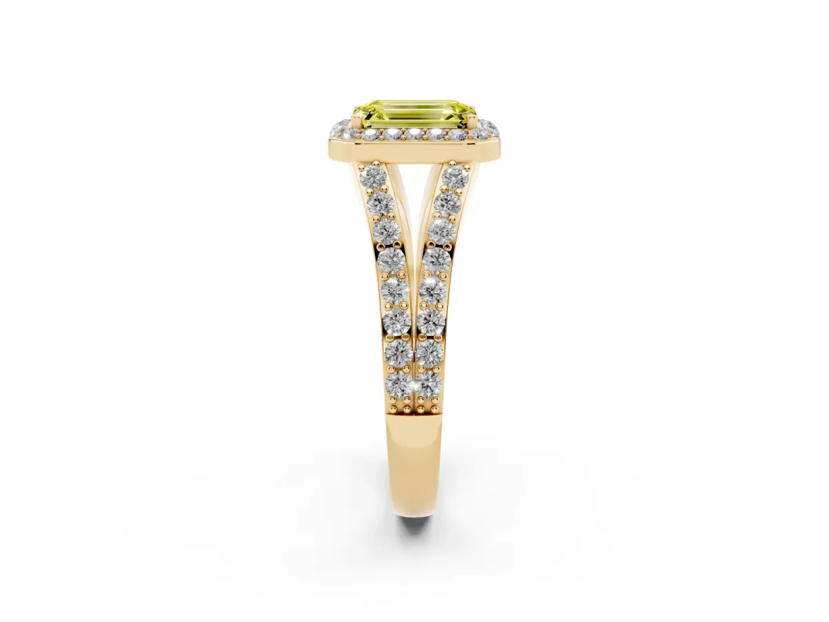 Fancy Yellow Emerald Cut Diamond Split Shank Halo Ring with Four-Prong Setting Yellow gold
