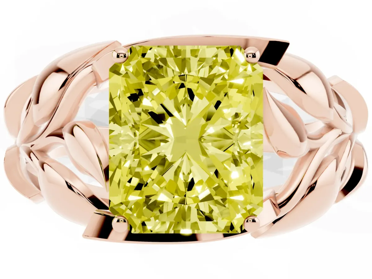 Fancy Yellow Radiant Cut Diamond Leaf-Inspired Engagement Ring with Round Accents and Prong Setting Rose gold