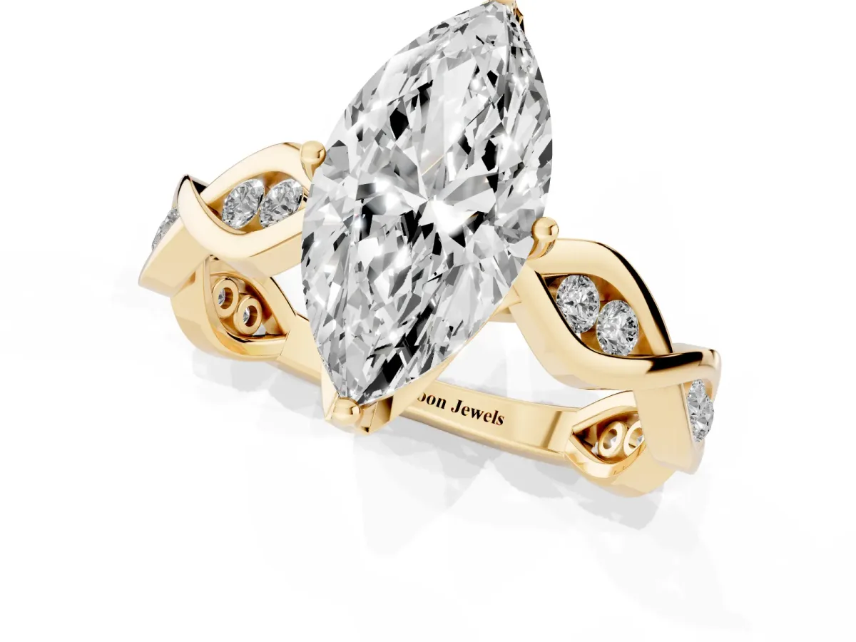 Marquise Cut Solitaire Twist Band with Leaf Prong Setting Yellow gold