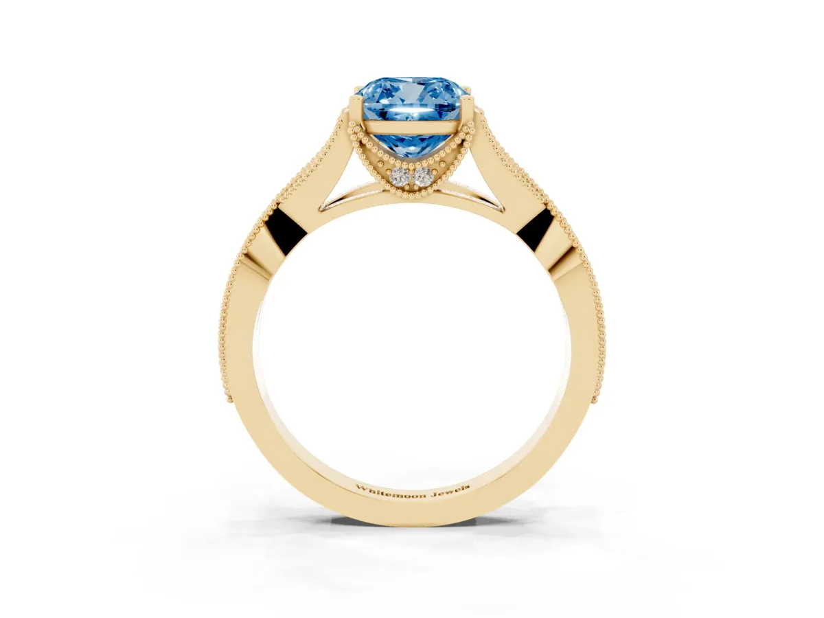 Fancy Blue Cushion Cut Cut Diamond Twisted Band with Milgrain Pave Setting and Four-Prong Setting Yellow gold
