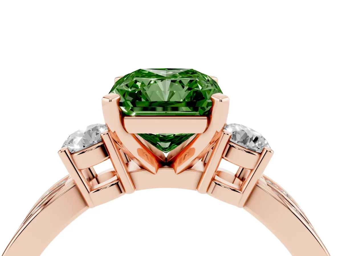 Fancy Green Three-Stone Radiant Cut Cut Diamond Twist Band with Prong Setting Rose gold