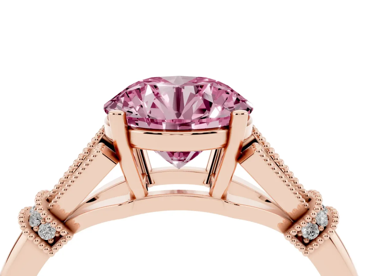 Fancy Pink Round Cut Diamond Solitaire Ring with Floral Filigree and Pave Accents Rose gold