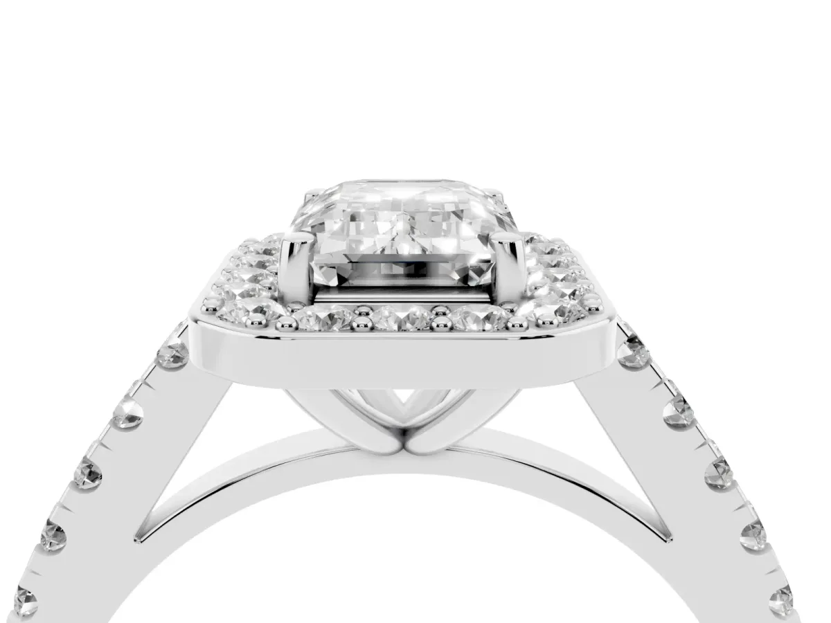 Emerald Cut Diamond Halo Ring with Round Pavé Split Shank and Prong Setting Silver
