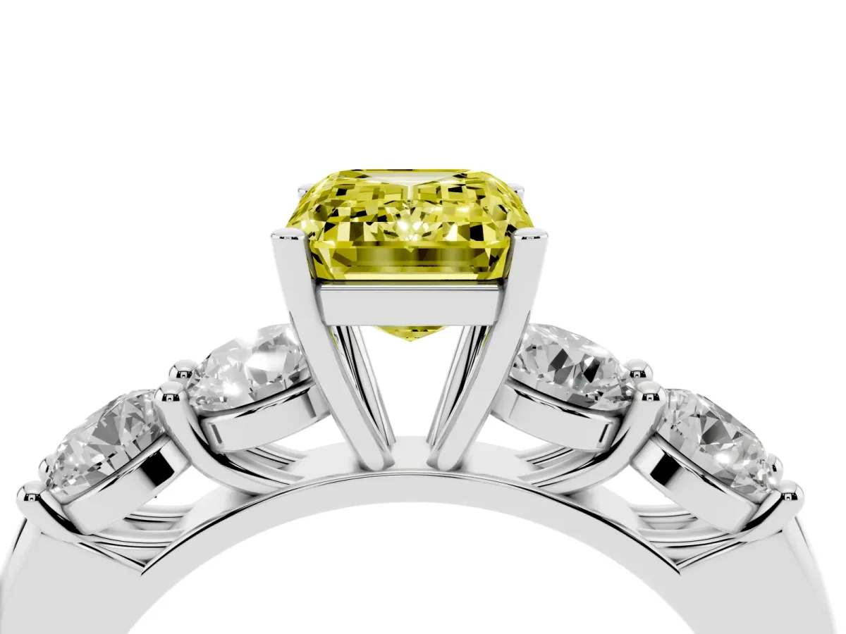 Fancy Yellow Emerald Cut Cut Five-Stone Prong Set Diamond Ring with Classic Band Platinum