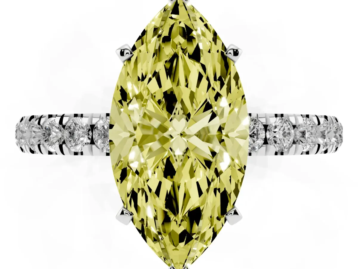Fancy Yellow Marquise Cut Diamond Solitaire Ring with Pavé Accents and Four-Prong Setting Silver